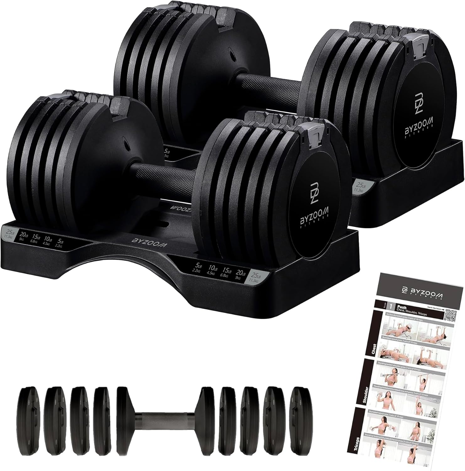 BYZOOM FITNESS Pure Series Adjustable Dumbbell - 12.5/25/27.5/75lb - ONE UNIT OR PAIR(check QTY before purchase) - 5-in-1/ 10-in-1 / 21-in-1 Flexible Hand Weights for Home Gym, Strength Training & Fitness Workouts, White OR Black