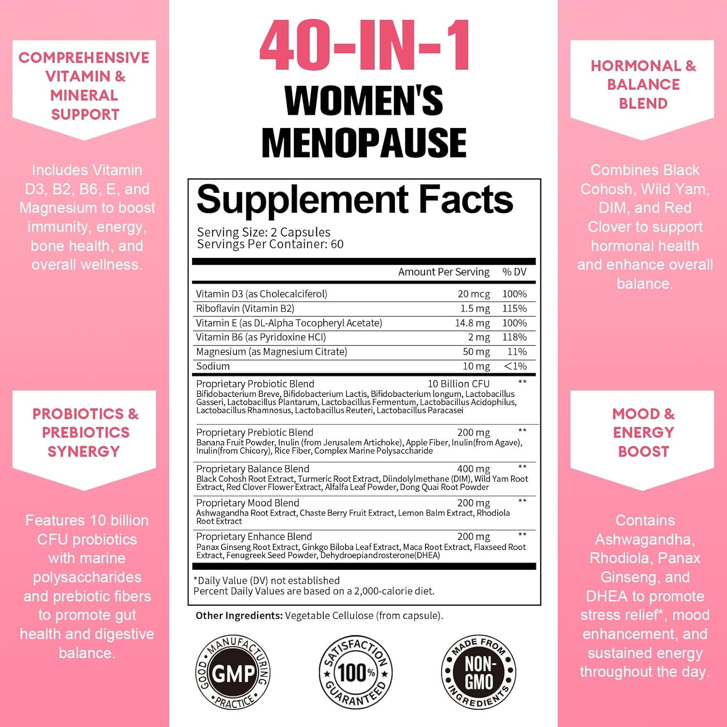 40-in-1 Menopause Supplements for Women, Multibenefit & Complete Black Cohosh for Hot Flashes, Night Sweats & Hormone Balance, w/ Probiotics, DIM, Vitex, Dong Quai, Red Clover and More, 120 Vegan Caps - Image 5