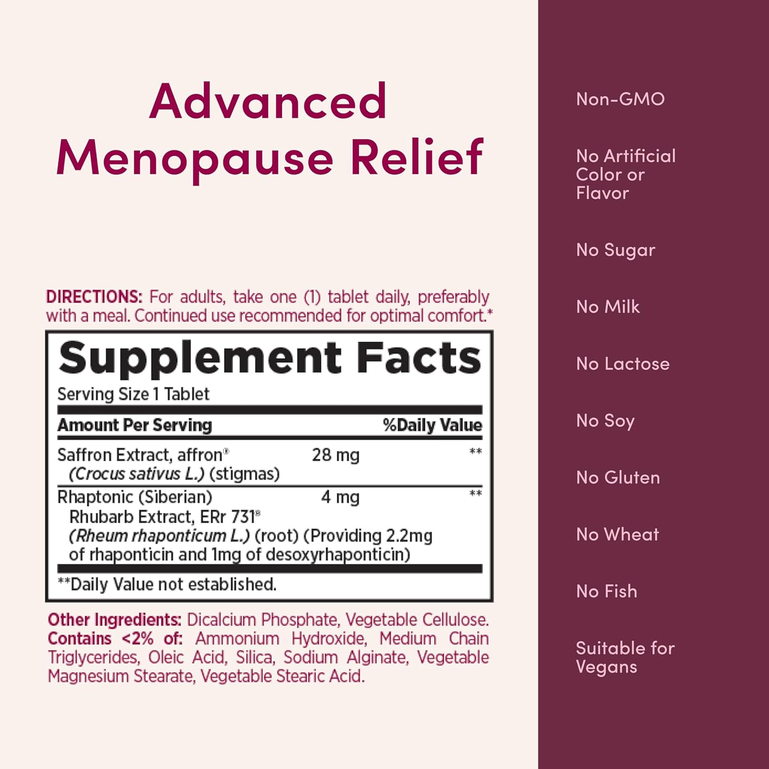 Nature’s Bounty Optimal Solutions Advanced Menopause Relief, Menopause Supplement for Women featuring Siberian Rhubarb, Hotflash Relief, No added Hormones, Drug-Free, 30 Tablets, 30 Total Servings - Image 6
