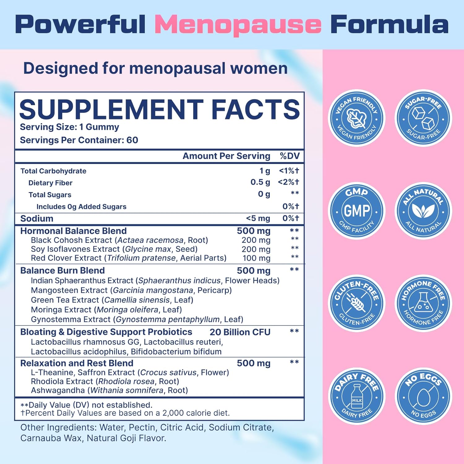 Menopause Supplements for Women Gummies, 16-in-1 Probiotic, Black Cohosh & Ashwagandha for Menopause Relief, Hot Flashes, Hormone Harmony, Mood Swings, Belly Burner* & Gut, Sugar-Free - 60 Gummies - Image 2