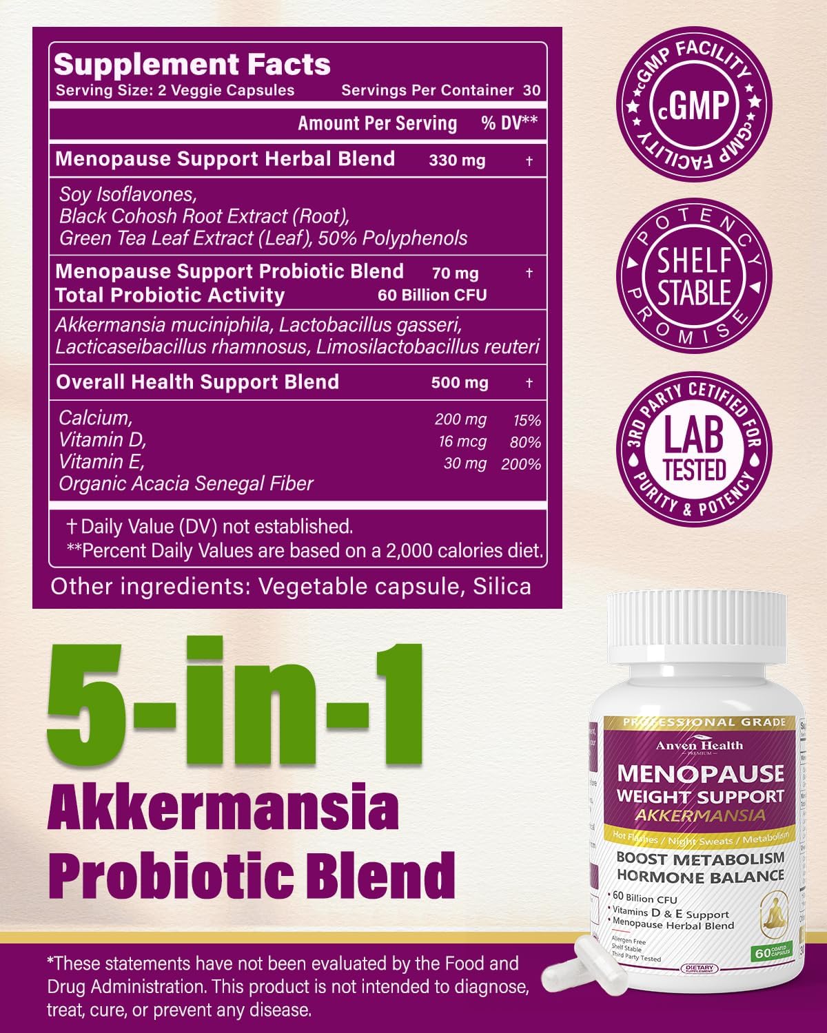 Menopause Supplements for Women 60 Billion with Akkermansia Probiotic & Prebiotic, Vitamin D & E for Hormone Balance, Metabolism, Gut Health Hot Flashes & Night Sweats - Non-GMO | 60 Caps - Image 2