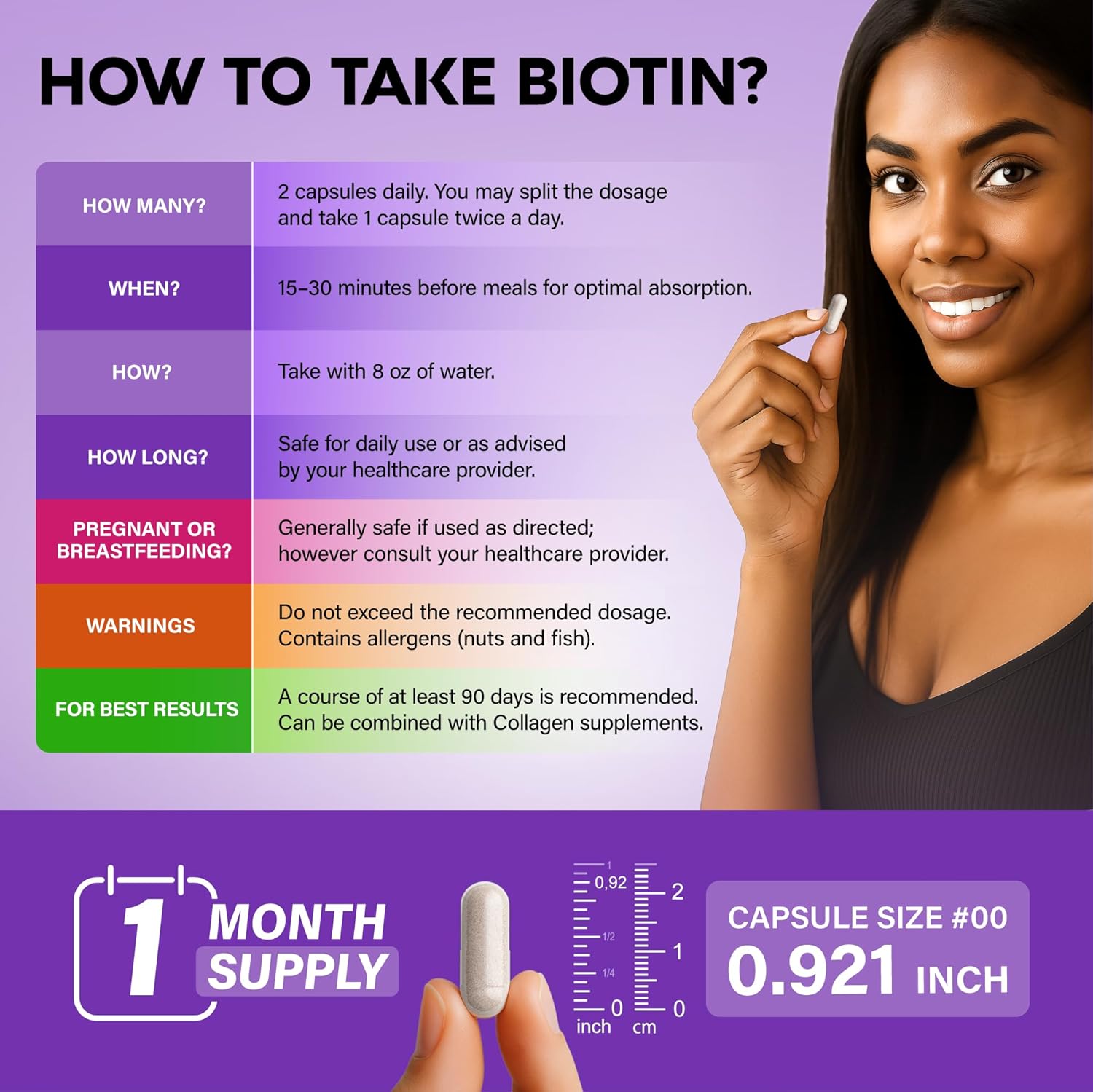 Biotin | Collagen | Hyaluronic Acid | Keratin - Support Normal Hair Growth Cycle, Skin & Nails - Clinically Tested - 25000mcg Vitamins B1, B2, B3, B6 & B7 - for Women & Men - Made in USA | 60 Capsules - Image 6
