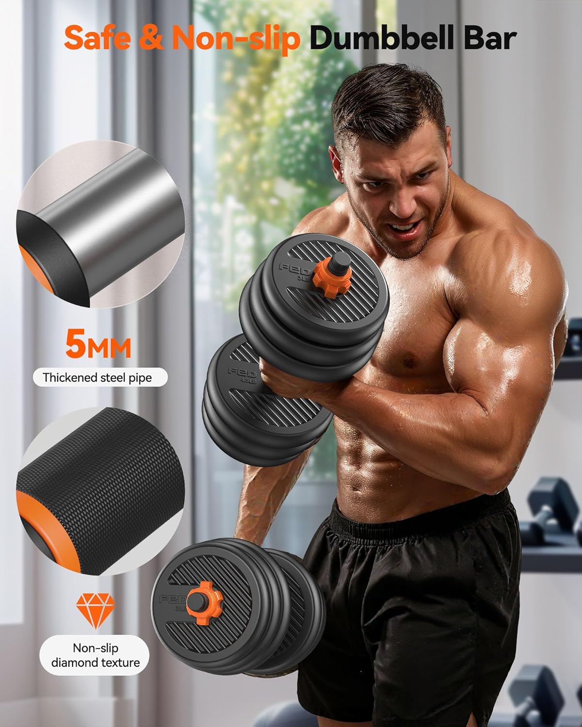 FEIERDUN DS2 Adjustable Dumbbells, 20/30/40/45/70/90lbs Free Weight Set with Connector, 5 in1 Dumbbells Set Used as Barbell, Kettlebells, Push up Stand, Weight Plate, Fitness Exercises for Home Gym Suitable Men/Women - Image 6
