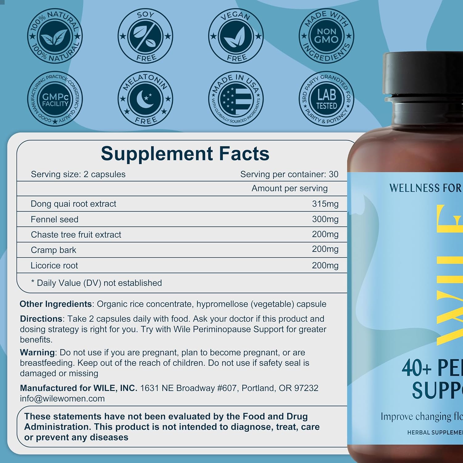 WILE Menopause and Perimenopause Supplements for Women - Menstrual Cramp, PMS and Heavy Period Relief with Dong Quai - Premenopausal Support for Hormone Balance & Improved Mood, Vegan, 30 Servings - Image 4
