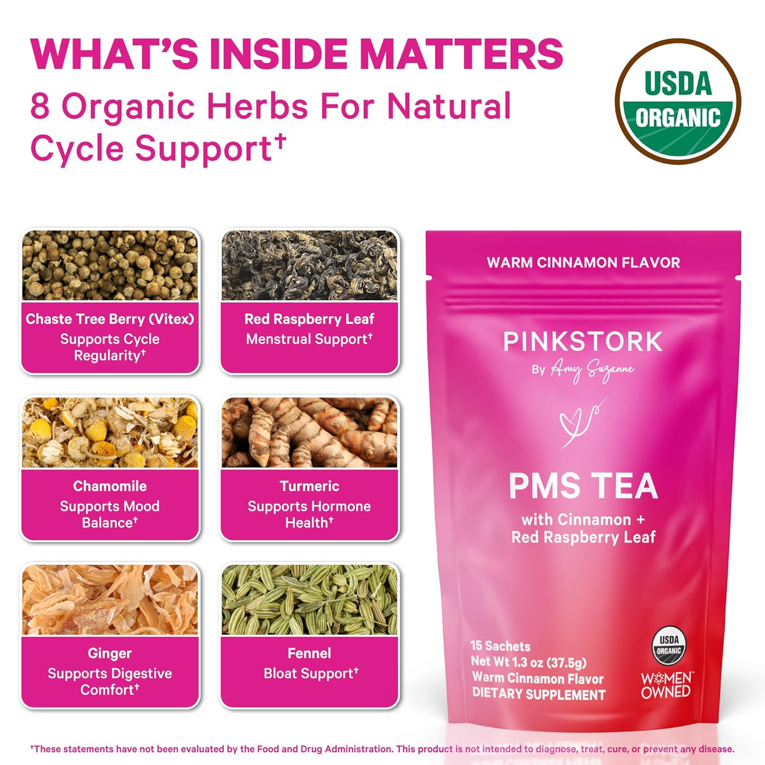 Pink Stork Organic PMS Tea for Hormone Balance, Mood Swings, Bloating, and Period Regularity - 8 Herbs - Vitex, Red Raspberry Leaf, Chamomile - Caffeine-Free - 15 Sachets, Hot or Iced - Image 3