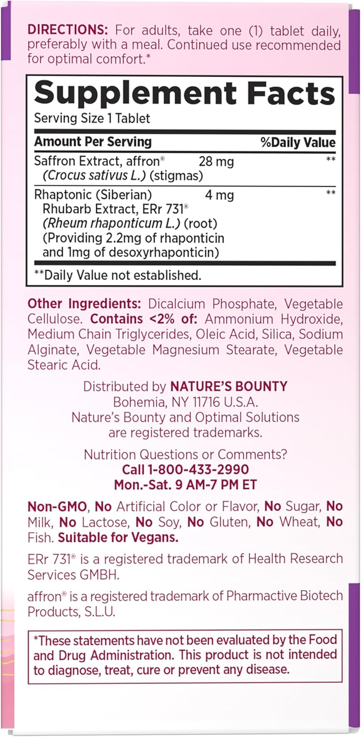 Nature’s Bounty Optimal Solutions Advanced Menopause Relief, Menopause Supplement for Women featuring Siberian Rhubarb, Hotflash Relief, No added Hormones, Drug-Free, 30 Tablets, 30 Total Servings - Image 8