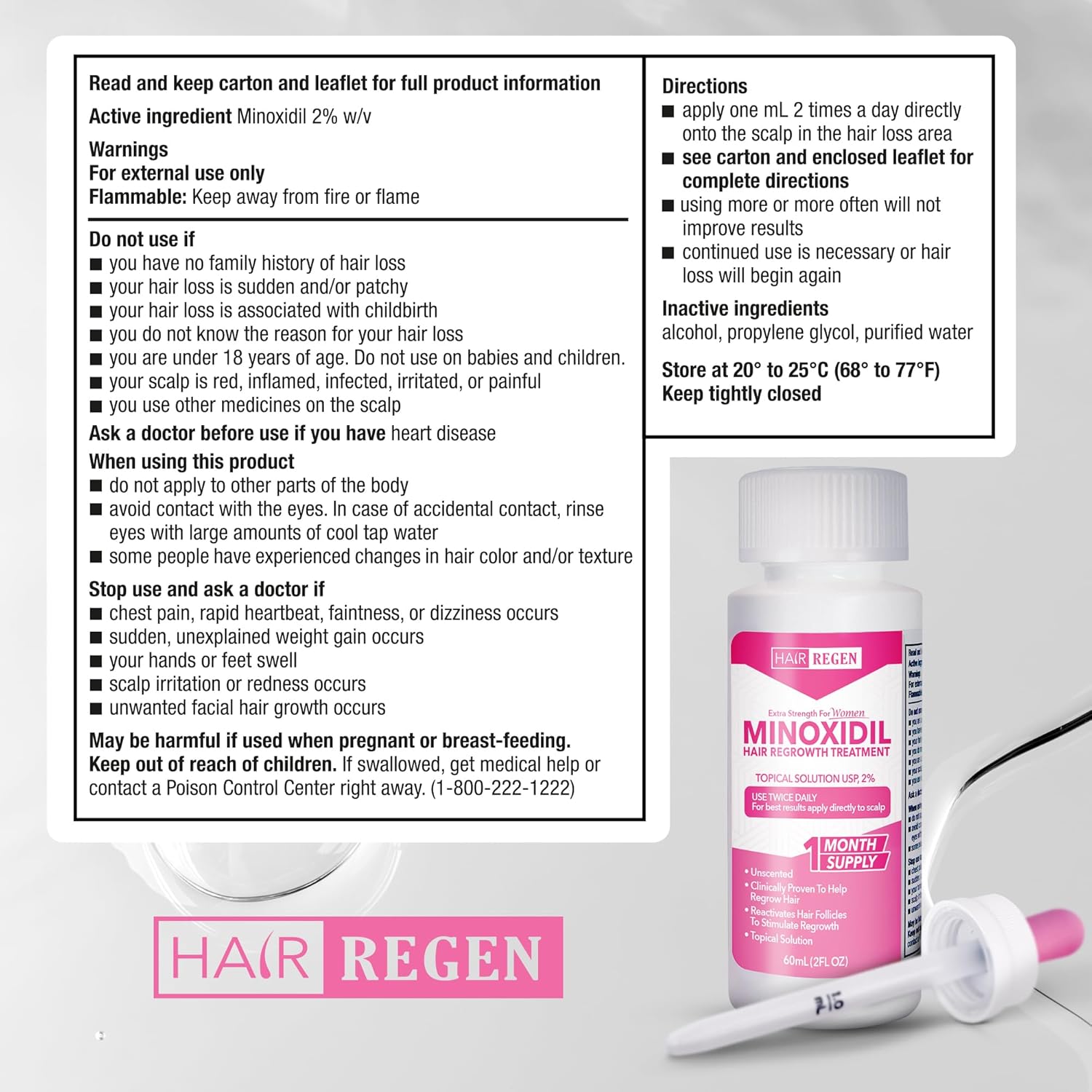 Hair Regen Liquid Minoxidil Women 2% Percent - Extra Strength Advanced Topical Solution for Regrowth Serum Drops - Clinically Proven Growth Treatment for Hers Hair Loss 1 Pack as 1 Month Supply Kit - Image 3