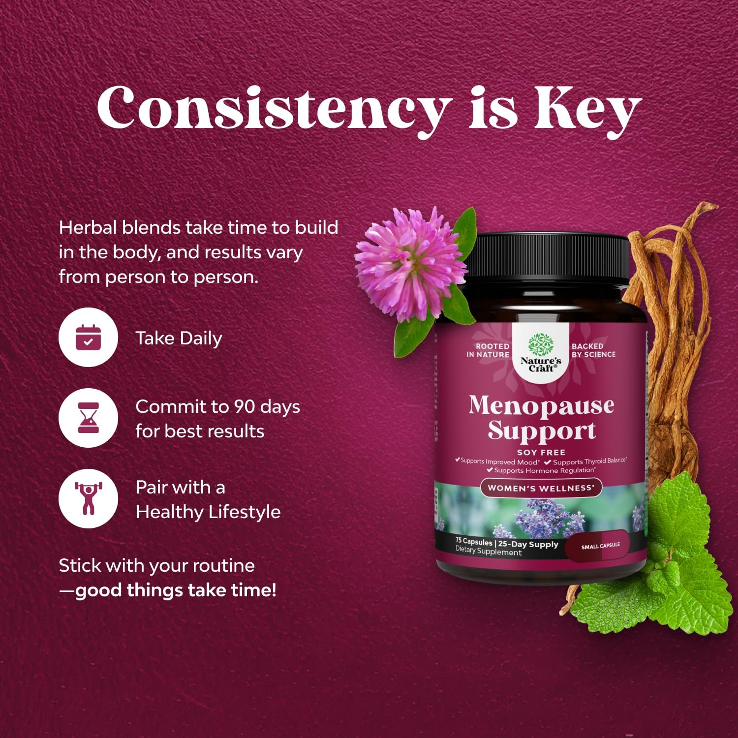 Complete Herbal Menopause Supplement for Women - Soy Free Female Hormone Balance Capsules for Night Sweats Hot Flashes & Mood Swings with Dong Quai, Chaste Berry & Black Cohosh Root - 75 Count - Image 4