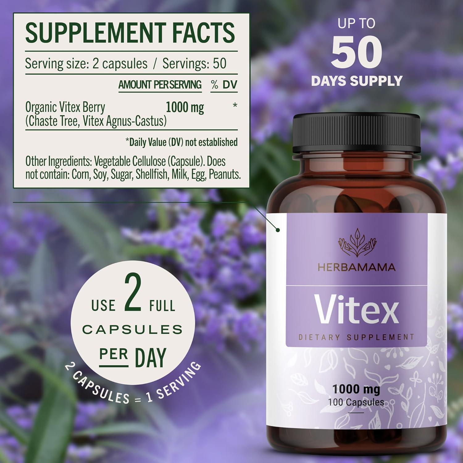 HERBAMAMA Vitex Berry Capsules – Natural Menopause Supplements* for Women – 1000mg Vitex Chasteberry Fruit per Serving for Menopause Support* – Vegan, Non-GMO – 50-Day Supply - Image 3