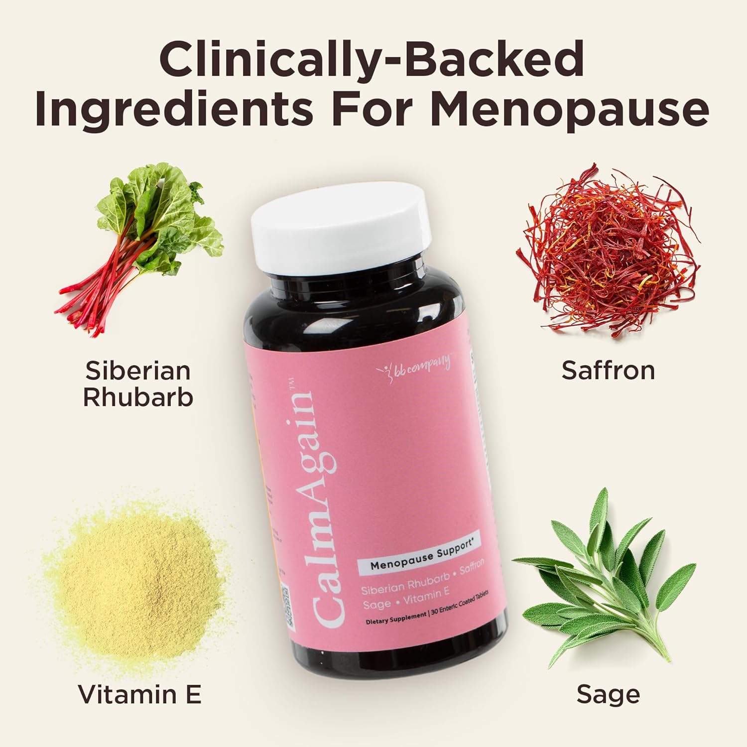 BB Company CalmAgain for Menopause Anxiousness, Mood Balance for Women | Stay Calm, Lower Cortisol, Fewer Mood Swings | Siberian Rhubarb, Sage, Saffron | Menopause Relief | 30 Ct - Image 4