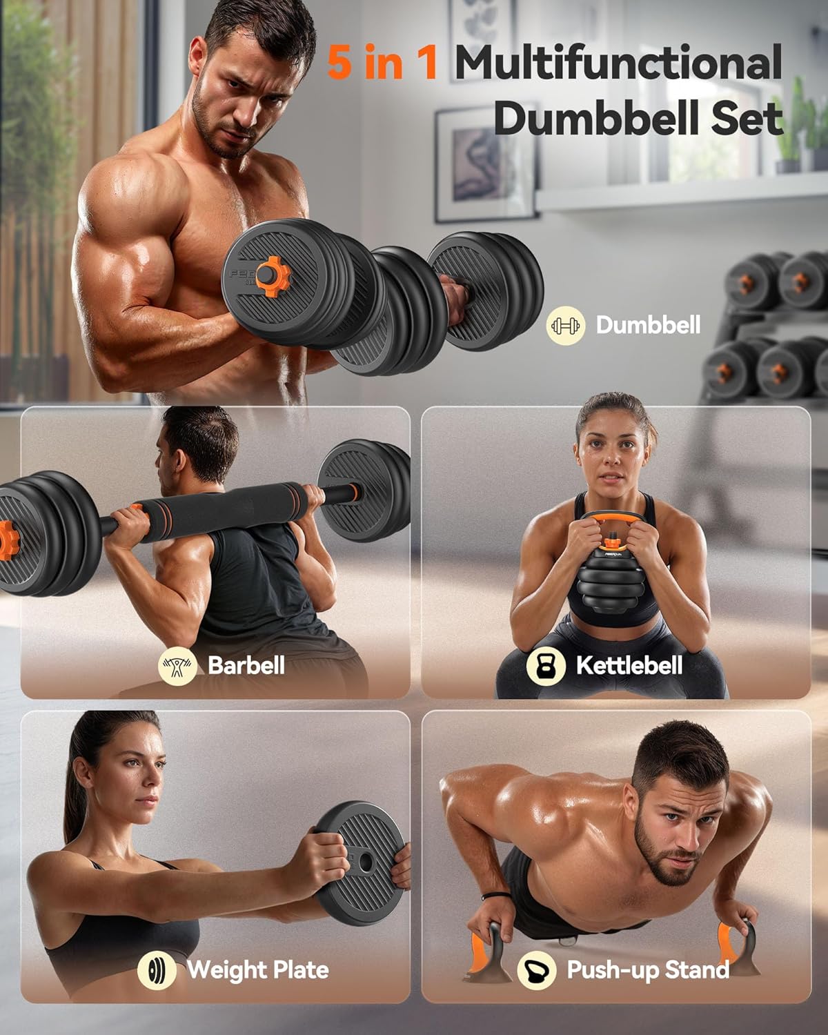FEIERDUN DS2 Adjustable Dumbbells, 20/30/40/45/70/90lbs Free Weight Set with Connector, 5 in1 Dumbbells Set Used as Barbell, Kettlebells, Push up Stand, Weight Plate, Fitness Exercises for Home Gym Suitable Men/Women - Image 3