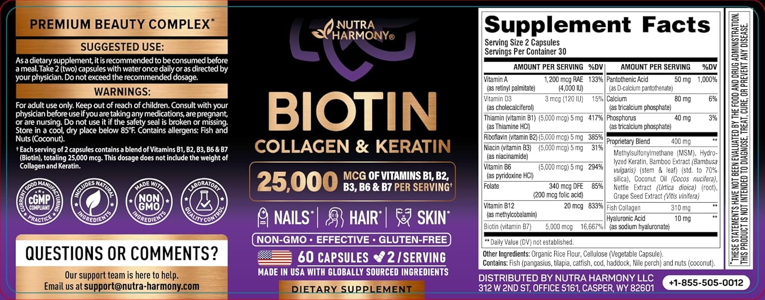 Biotin | Collagen | Hyaluronic Acid | Keratin - Support Normal Hair Growth Cycle, Skin & Nails - Clinically Tested - 25000mcg Vitamins B1, B2, B3, B6 & B7 - for Women & Men - Made in USA | 60 Capsules - Image 2