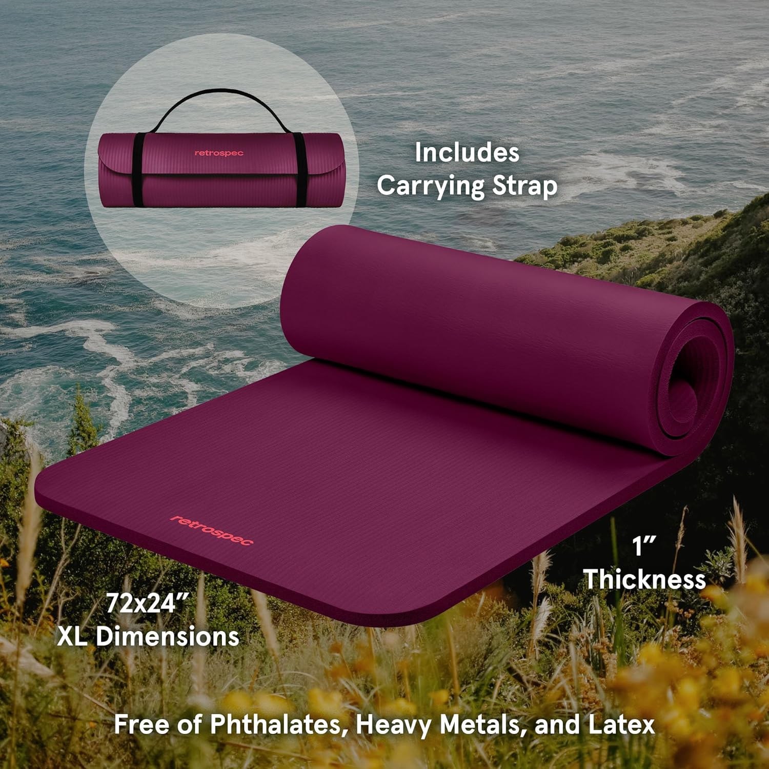 Retrospec Solana Yoga Mat 1" Thick w/Nylon Strap for Men & Women - Non Slip Exercise Mat for Home Yoga, Pilates, Stretching, Floor & Fitness Workouts - Image 2