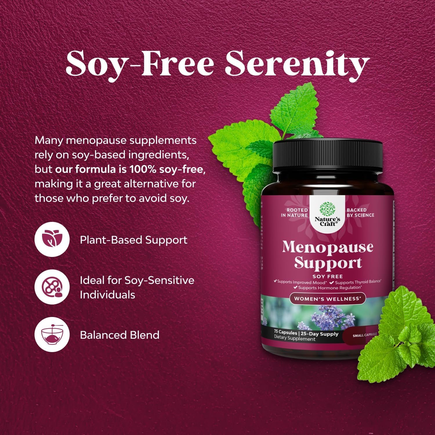 Complete Herbal Menopause Supplement for Women - Soy Free Female Hormone Balance Capsules for Night Sweats Hot Flashes & Mood Swings with Dong Quai, Chaste Berry & Black Cohosh Root - 75 Count - Image 5