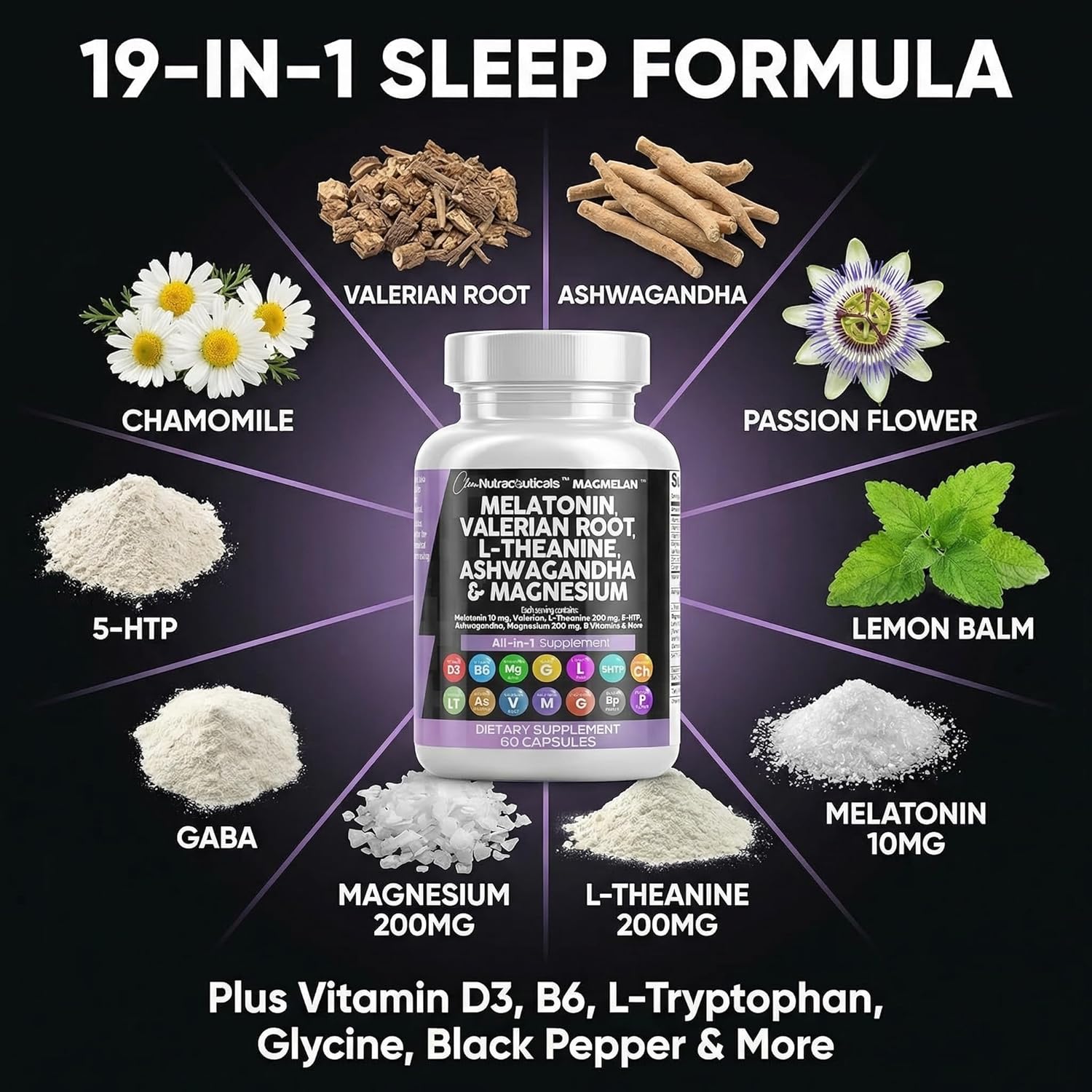 Clean Nutraceuticals Melatonin 10mg Valerian Root L Theanine 200mg Ashwagandha - Sleep Support for Women & Men with Magnesium Complex, Lemon Balm, Chamomile, & Passion Flower - 60 Caps - Image 4