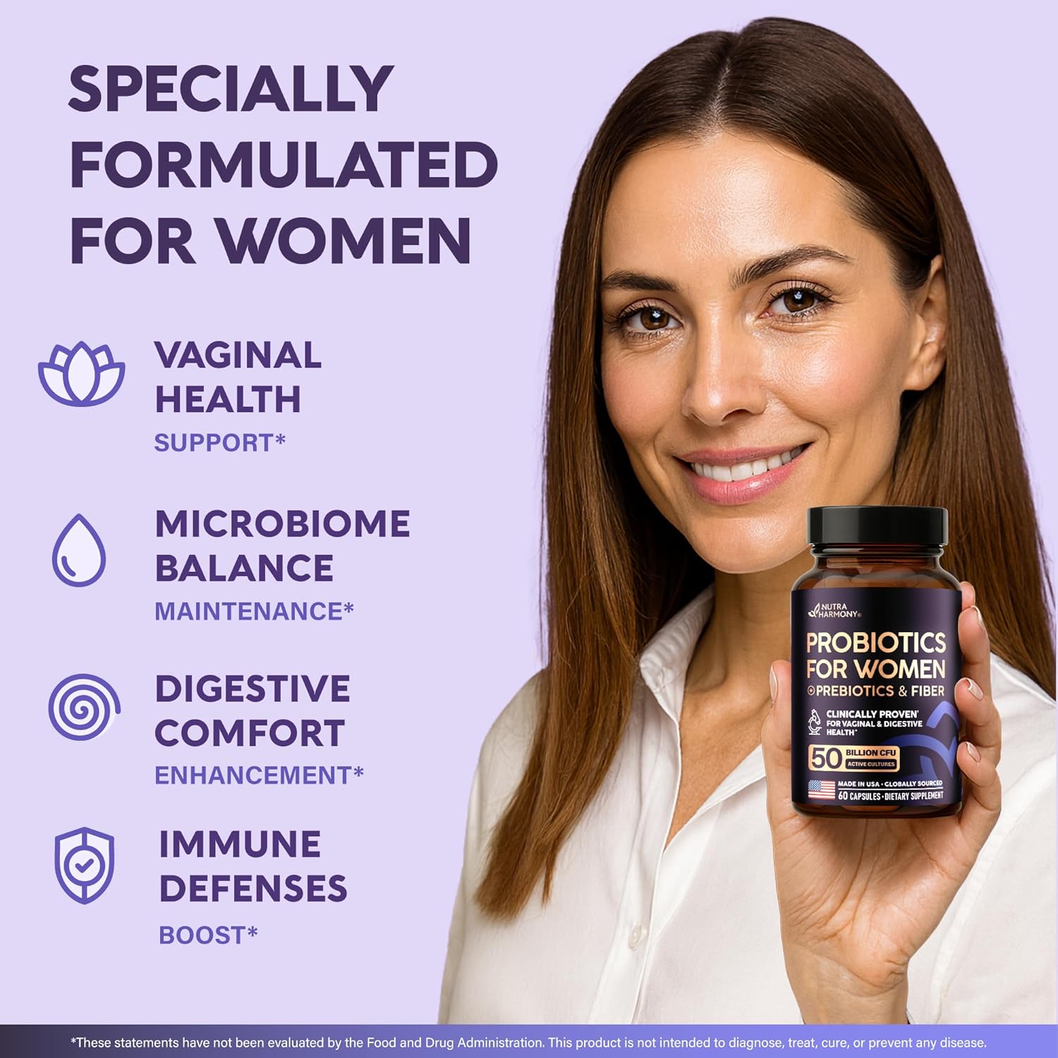 Probiotics for Women 50 Billion CFU - Vaginal Probiotics Clinically Proven for Yeast & pH Balance - Digestion & Bloating Relief - 8 Strains + Prebiotics - Delay Release - Made in USA, 60 Capsules - Image 3