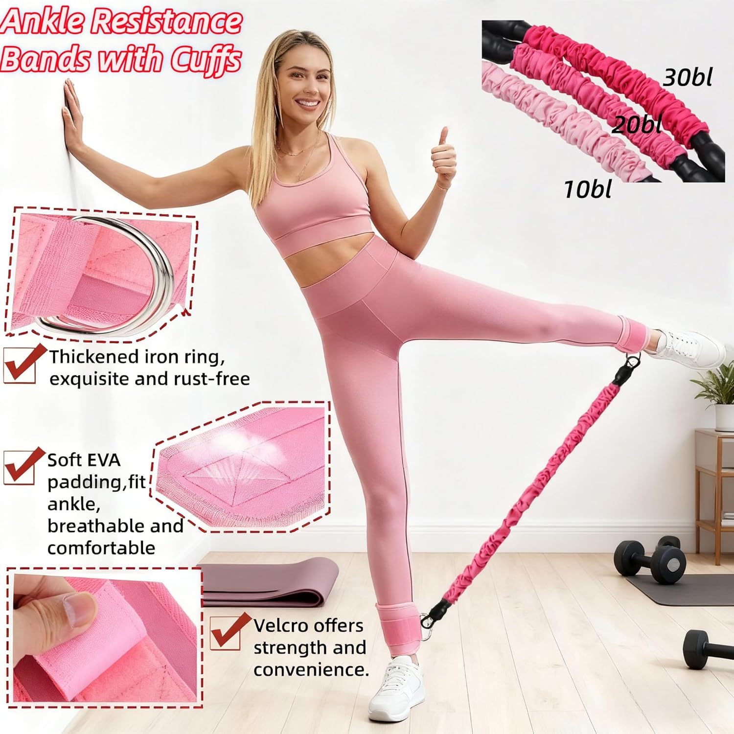 Women Glute Workout Equipment Set, Ankle Resistance Bands with Cuffs Long Yoga Resistance Bands Socks & Bag, Glute Sculpting at Home Set for Gym Equipment Pilates Kit - Image 2