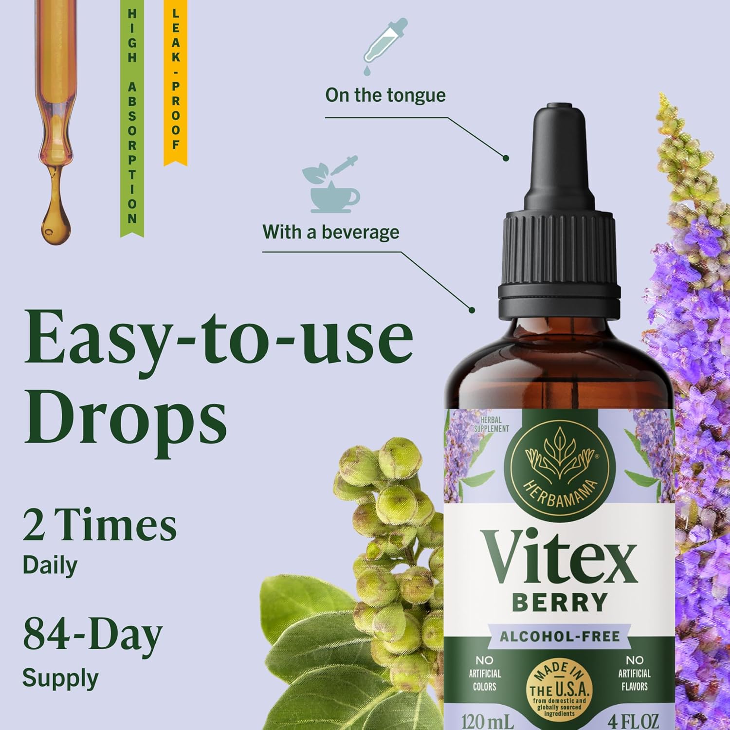 HERBAMAMA Vitex Chasteberry Supplement for Women - Natural Menopause Support* with Vitex Berry Tincture - Chaste Tree Berry Drops for Hormonal Balance & Cycle Support* - 84-Day Supply - Image 6