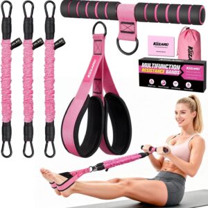 KUZARO Upgraded Multifunction Pedal Resistance Band with Handle, 3 Tube Adjustable Resistance Bands for Abdomen, Waist, Arm, Core/ABS, Leg Workout - Sit Up Exercise Equipment for Women