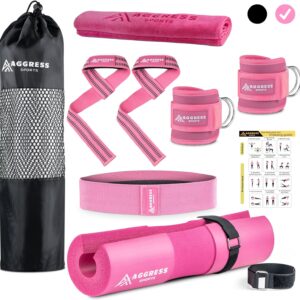 Premium Barbell Pad Set for Hip Thrusts - Squat Pad for Barbell Lunges, Bench Press, with 2 Gym Ankle Straps, Hip Resistance Bands – Gym Accessories for Women with Carry Bag, Towel