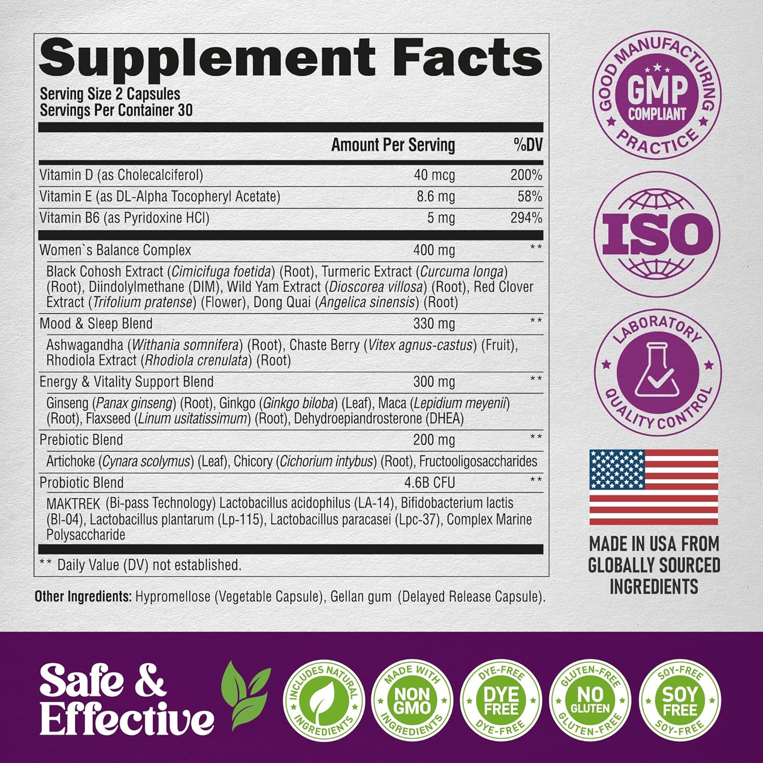 Menopause Supplements for Women - Dong Quai, Black Cohosh, Pre & Probiotics - Sweats & Hot Flashes Relief - Digestion, Sleep & Mood Support - 25-in-1 Perimenopause Complex - Made in USA - 60 Capsules - Image 8