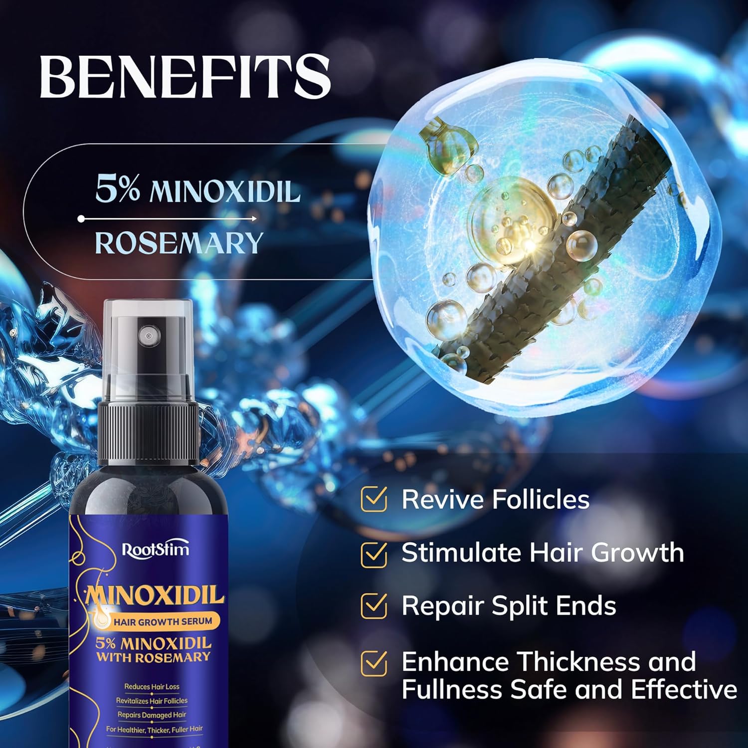 5% Minoxidil Hair Growth for Men and Women: 3-Pack RootStim Extra Strength Minoxidil Beard Regrowth Treatment with Rosemary for Thinning Hair Regrowth and Fuller Hair 180 ML - Image 2