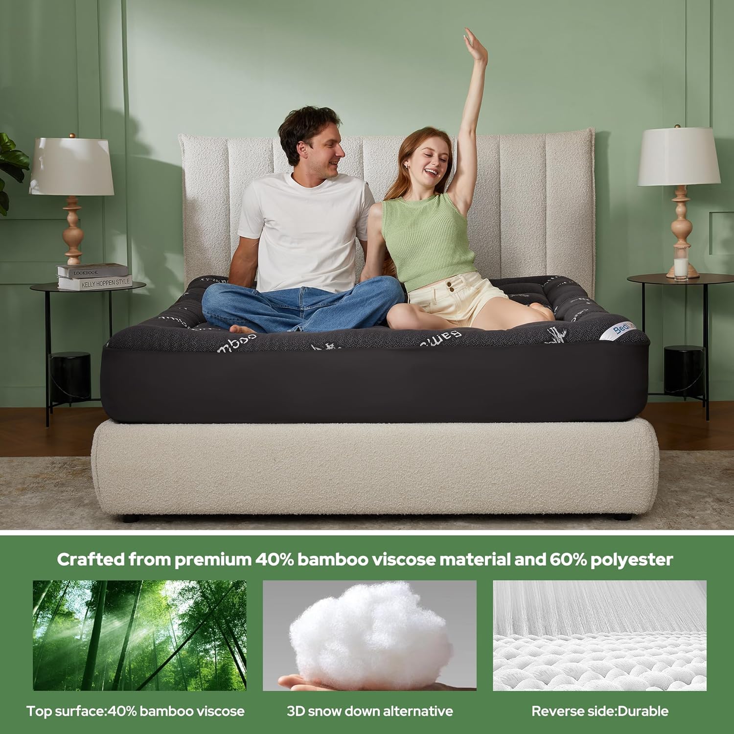 BEDLORE Full Size Mattress Topper Viscose Derived from Bamboo, Thick Pillow Top Mattress Pad with Stretchable Pockets for 6"-15" Mattress, Breathable Mattress Topper for Back Pain Relief(Dark Gray) - Image 3