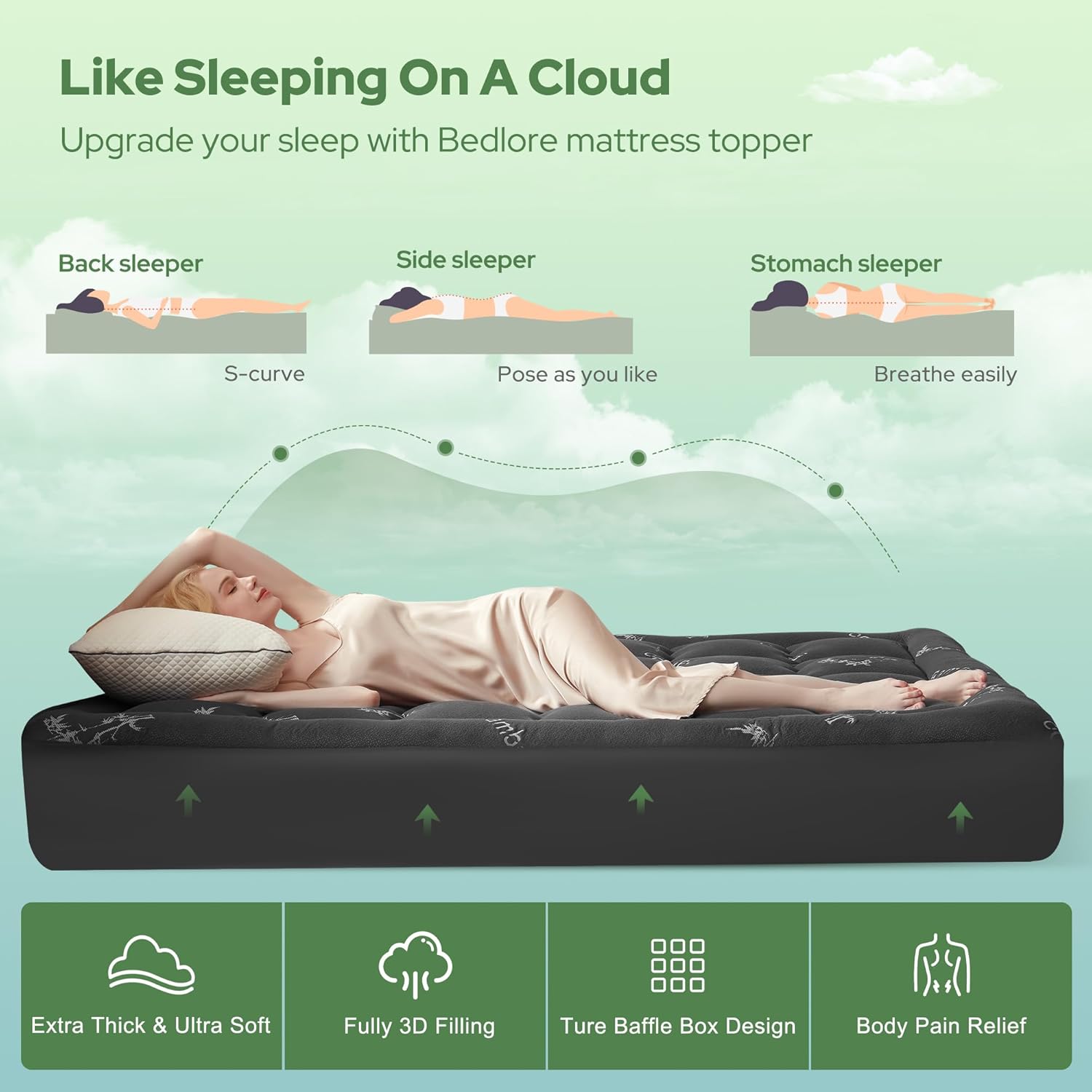 BEDLORE Full Size Mattress Topper Viscose Derived from Bamboo, Thick Pillow Top Mattress Pad with Stretchable Pockets for 6"-15" Mattress, Breathable Mattress Topper for Back Pain Relief(Dark Gray) - Image 4
