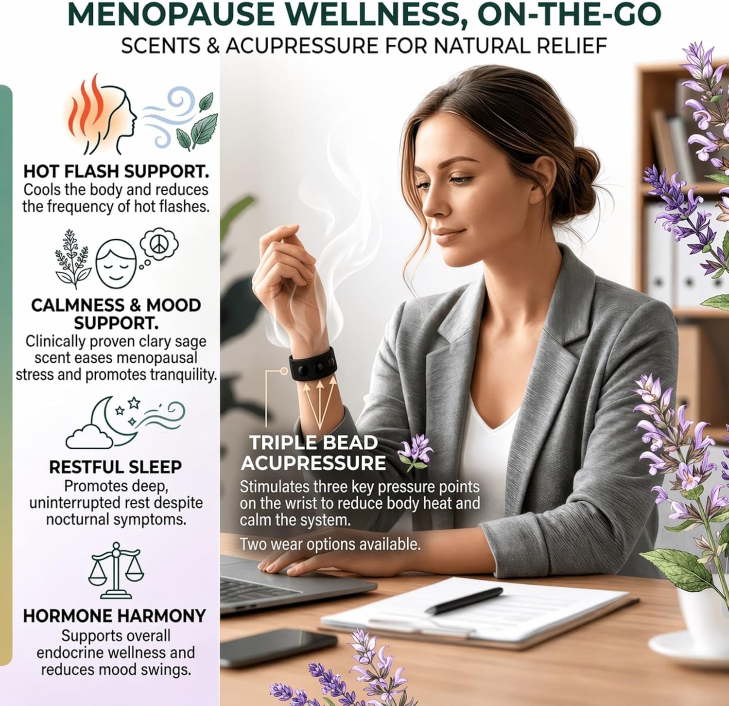 Menopause Bracelet for Cooling Comfort - Clary Sage Acupressure Wristband for Hot Flashes, Sleep and Mood Support - Slip-On Knit Elastic Band for Women - Image 2