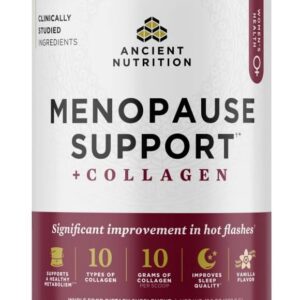 Ancient Nutrition Menopause Support + Collagen Powder, Hydrolyzed Collagen Peptides, Key Clinically Validated Superfoods, Significant Improvement in Hot Flashes and Sleep Quality, Vanilla, 25 Servings