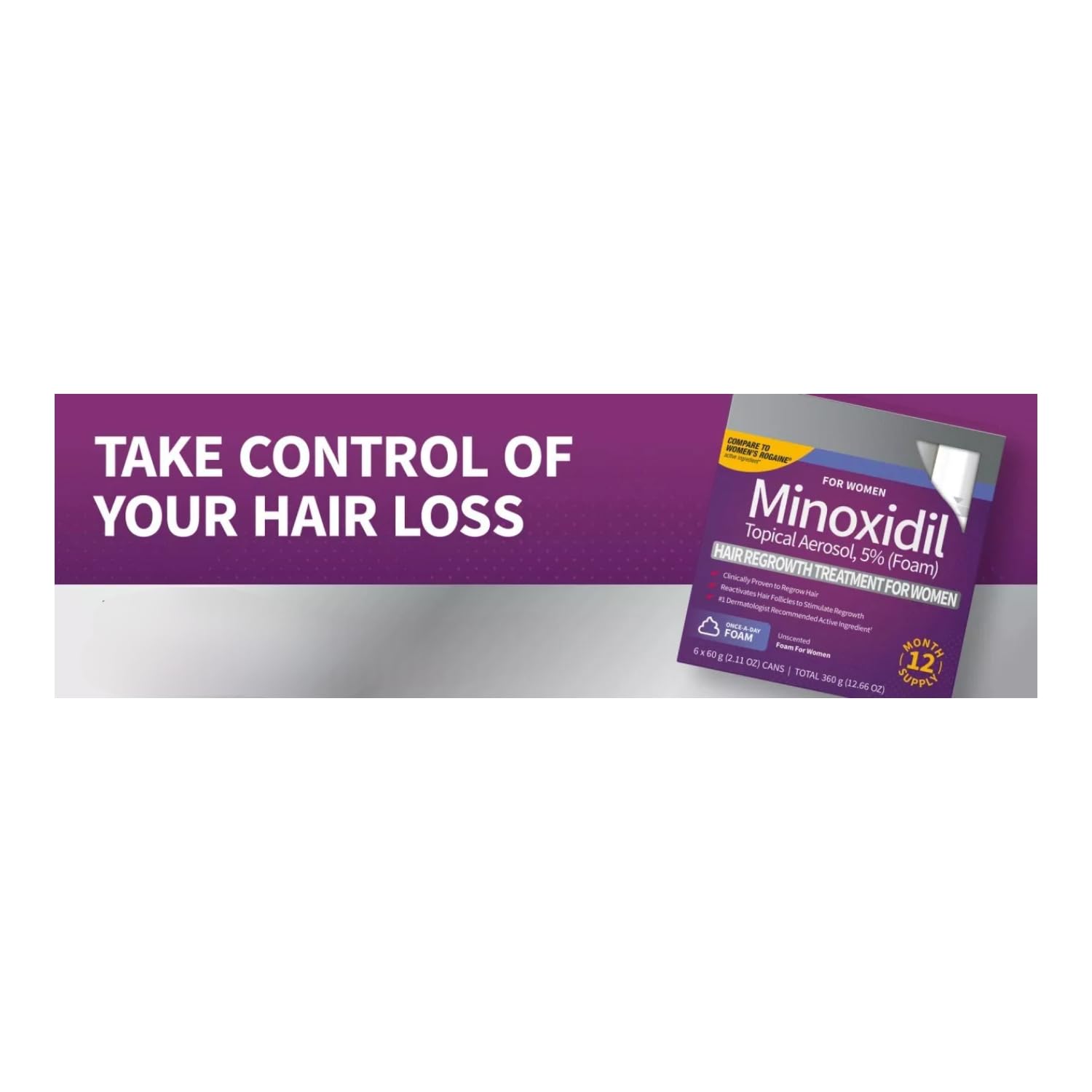 Kirkland Signature 5% Minoxidil Foam for Women, Hair Loss Regrowth Treatment, 12-Month Supply, Unscented, Easy Application, 6 Cans, Includes Storage Pouch, Clear - Image 3