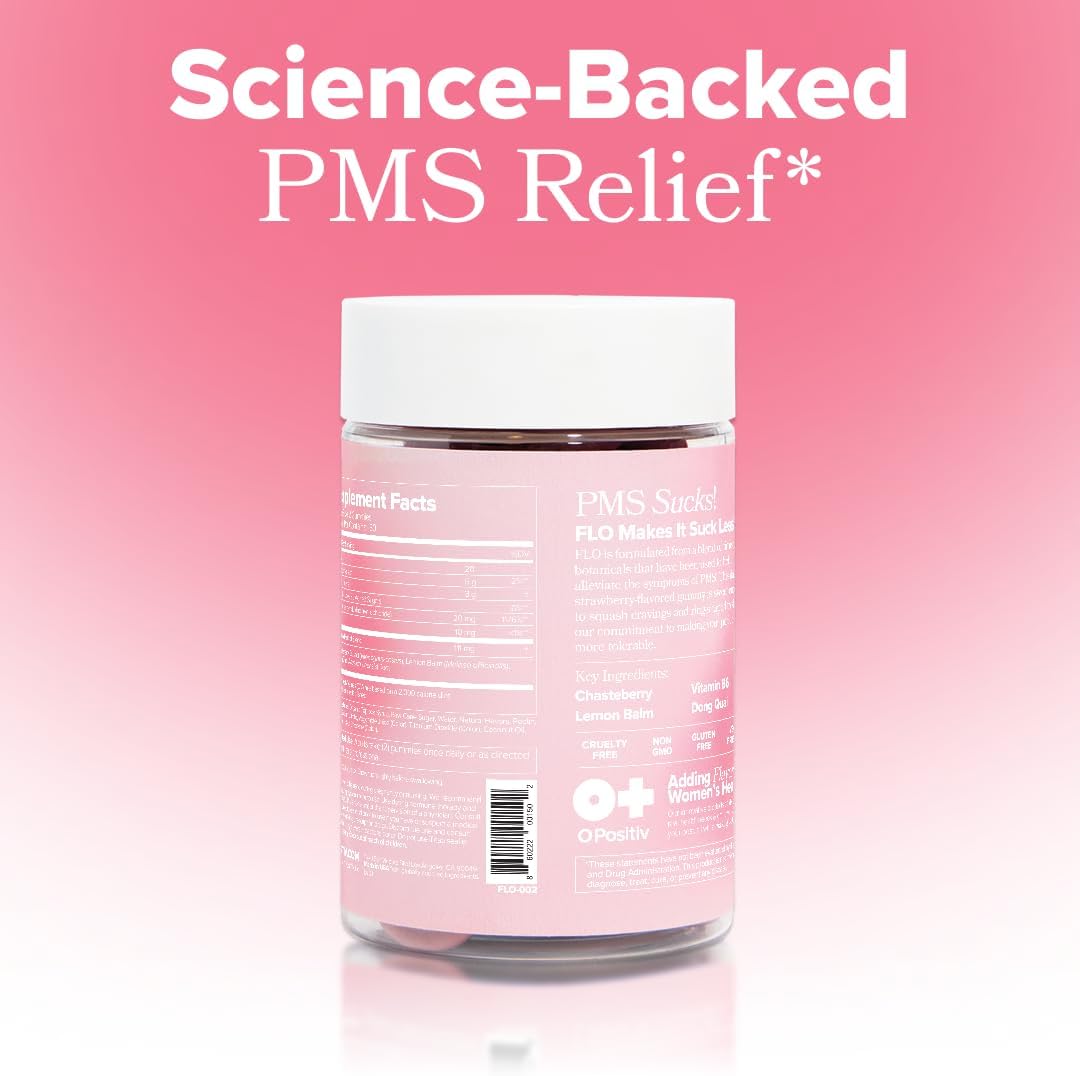 O Positiv FLO PMS Gummies for Women - Proactive PMS Relief - Targets Hormonal Breakouts, Bloating, Cramps, & Mood Swings with Chasteberry, Vitamin B6, & Lemon Balm - PMS Gummies (Pack of 1) - Image 3