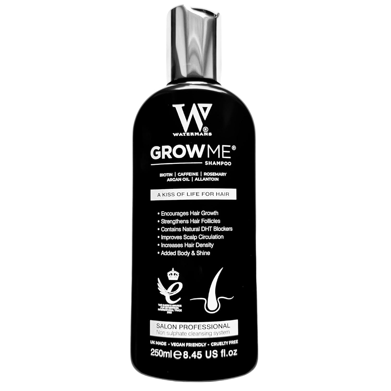 Watermans Grow Me Organic Hair Growth Shampoo for Men & Women – Strengthening & Moisturizing with Biotin, Rosemary, Caffeine & Argan Oil for Fuller, Thicker-Looking Hair (8.45 fl oz)