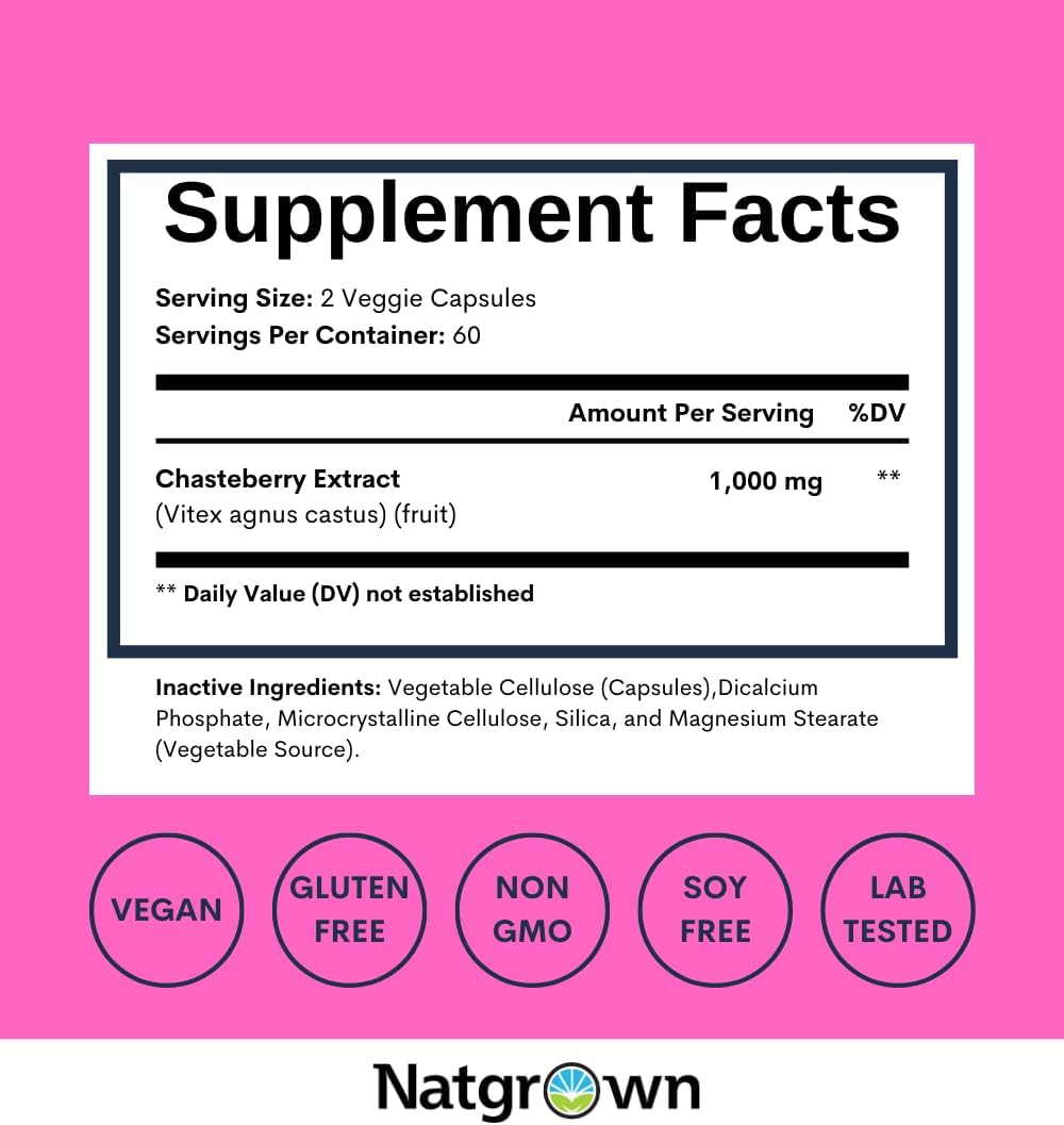 Natgrown Vitex Chasteberry Supplement for Women 1,000 mg - Supports Hormone Balance & Fertility - Agnus Castus Chaste Tree Vitex Berry Fruit Extract Capsules - 120 Ct - Image 4