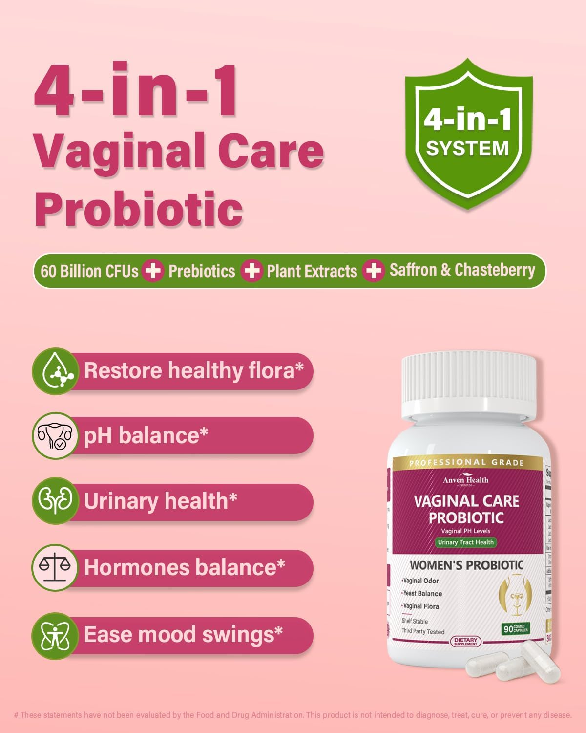 Vaginal Probiotics for Women pH Balance with Prebiotics - 60 Billion CFU for Odor, Yeast & Digestion - Cranberry for Urinary Tract & Hormonal Balance - Vegan & Non-GMO | 90 Capsules - Image 3