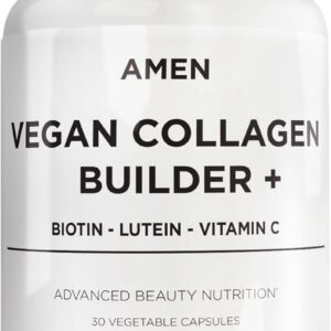 Amen Plant-Based Vegan Collagen Builder Supplement - Organic Whole Foods, Lutein, Vitamin C, Biotin, Lysine, Proline Collagen Boosters - Organic Cranberry, Lemon, Strawberry - Once A Day - 30 Capsules