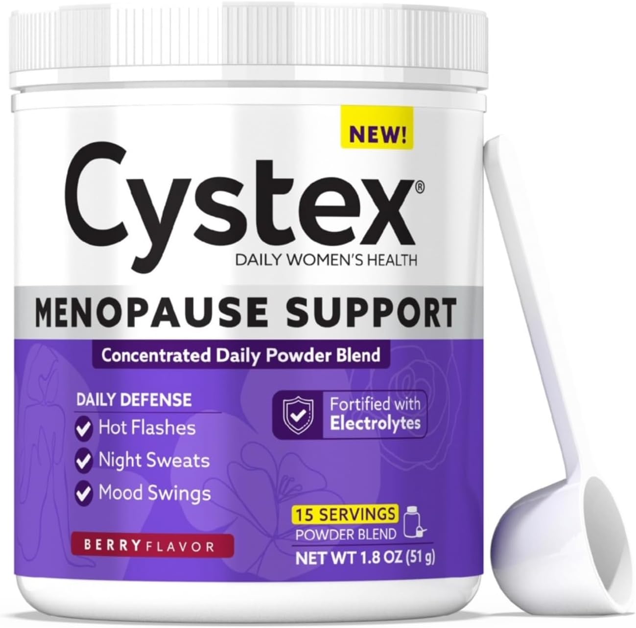 Cystex Menopause Support Powder - Daily Relief for Hot Flashes, Night Sweats, & Mood Swings - Clinically-Studied Ingredients - Electrolyte-Enhanced - Berry Flavor - 15 Servings