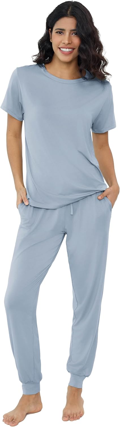Joyaria Bamboo Viscose Pajamas Women Ultra Soft Short Sleeve Jogger Pants Pjs Set Cooling Sleepwear