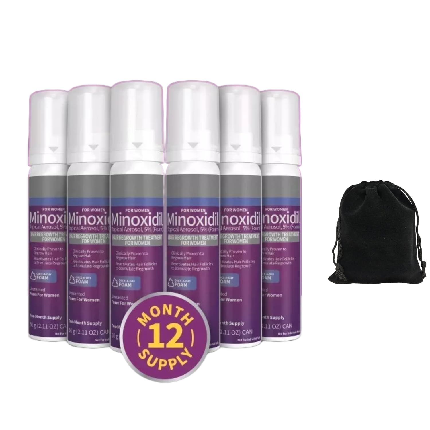 Kirkland Signature 5% Minoxidil Foam for Women, Hair Loss Regrowth Treatment, 12-Month Supply, Unscented, Easy Application, 6 Cans, Includes Storage Pouch, Clear - Image 2