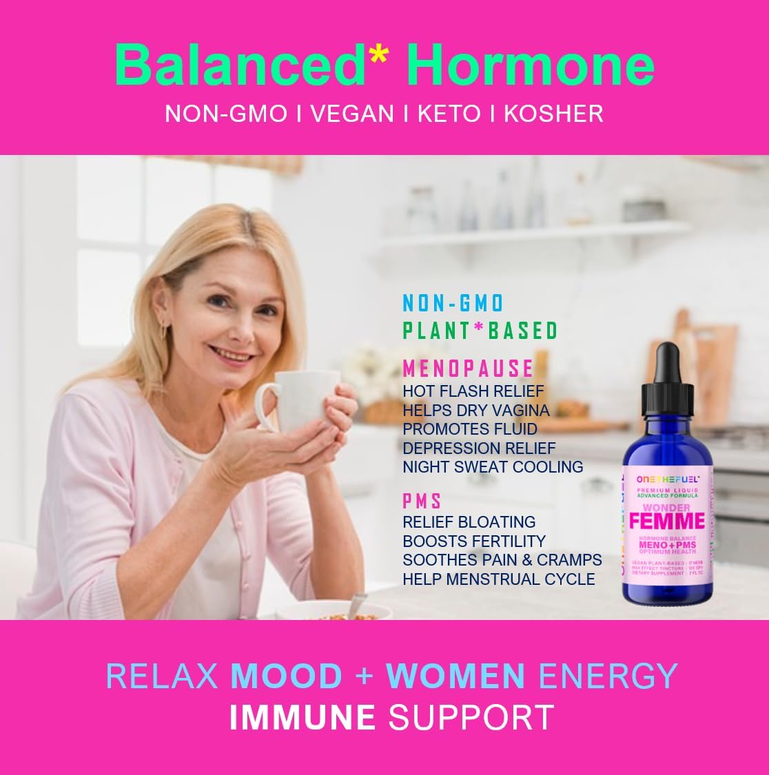 Wonder Femme Plant-Based Hormone Balance Menopause Hot Flashes Relief Support 100% Natural 17 Herbal Women Estrogen Health Supplement Dong Quai Vitex + Fast Absorb Tincture 2 oz. Liquid - Image 3