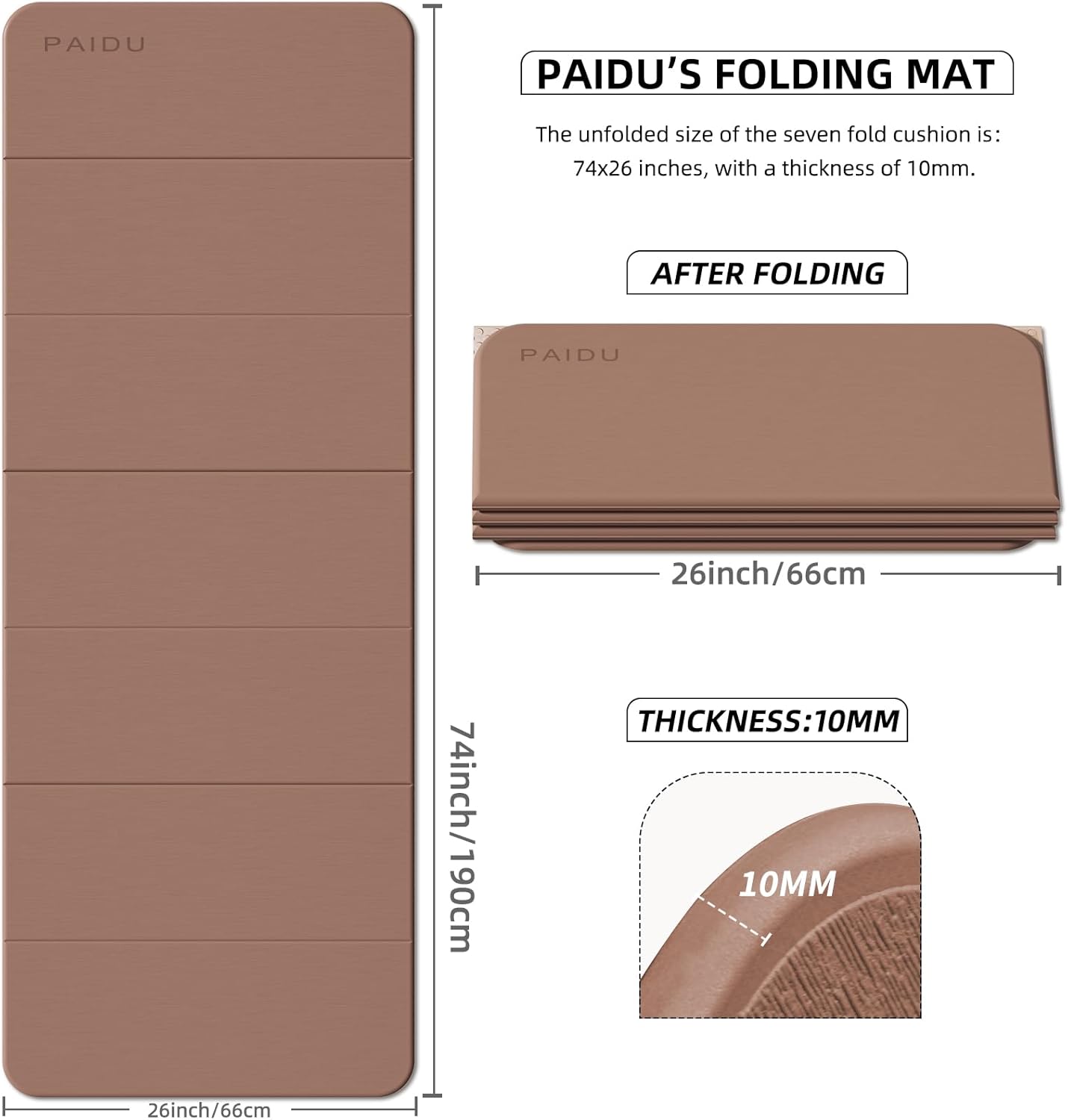 PAIDU Foldable Fitness Yoga Mat | 2/5" (10MM) Extra Thick | SGS Certified Non-Slip TPE | 75x26" Extra Long-Wide | Portable & Easy Store | for Yoga, Pilates, Home Gym & Full-Body Workouts - Image 7