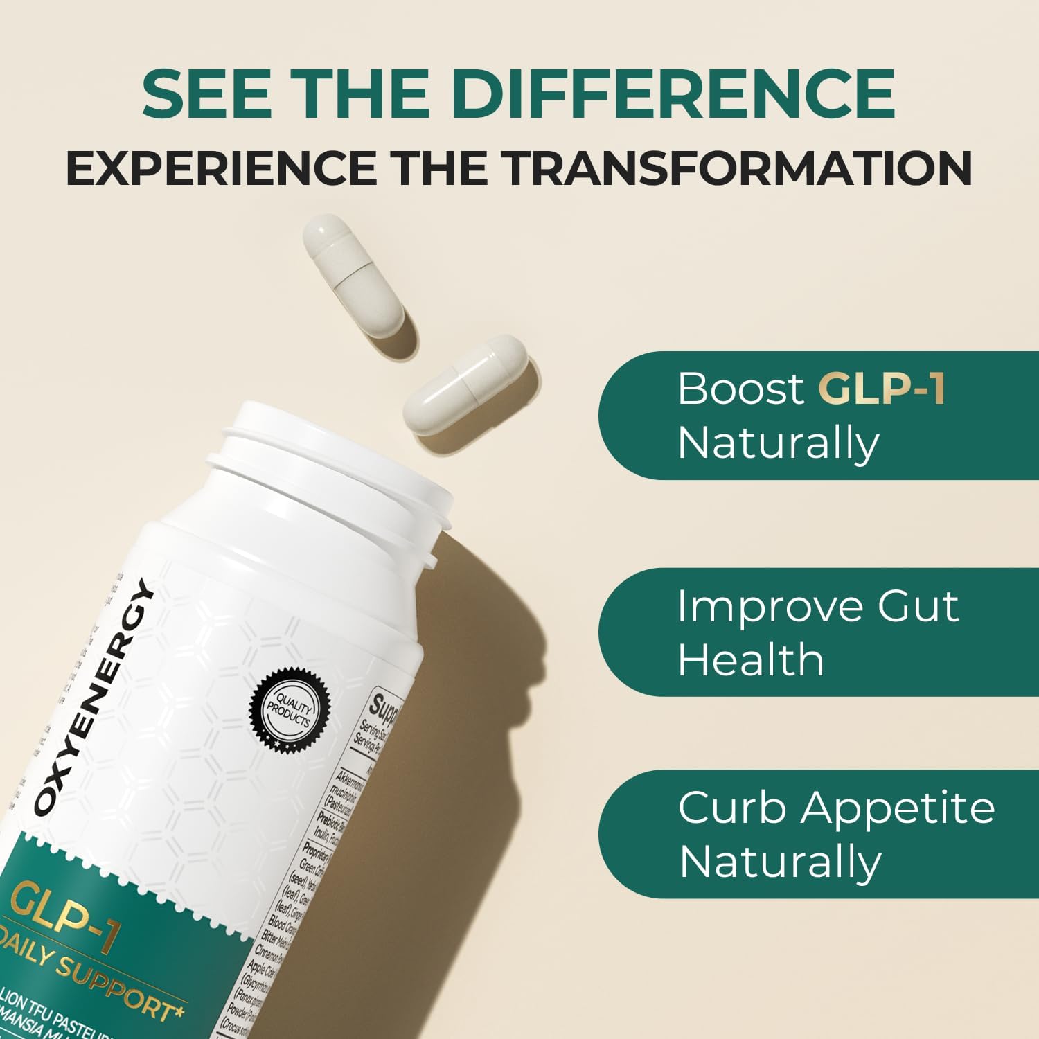 OxyEnergy GLP-1 Supplement Weight Loss Pills for Women & Men, Appetite Suppressant with Akkermansia Probiotic, Diet Pills Metabolism & Gut Health Booster, Ginger & Saffron Extracts, Vegan Capsules - Image 2
