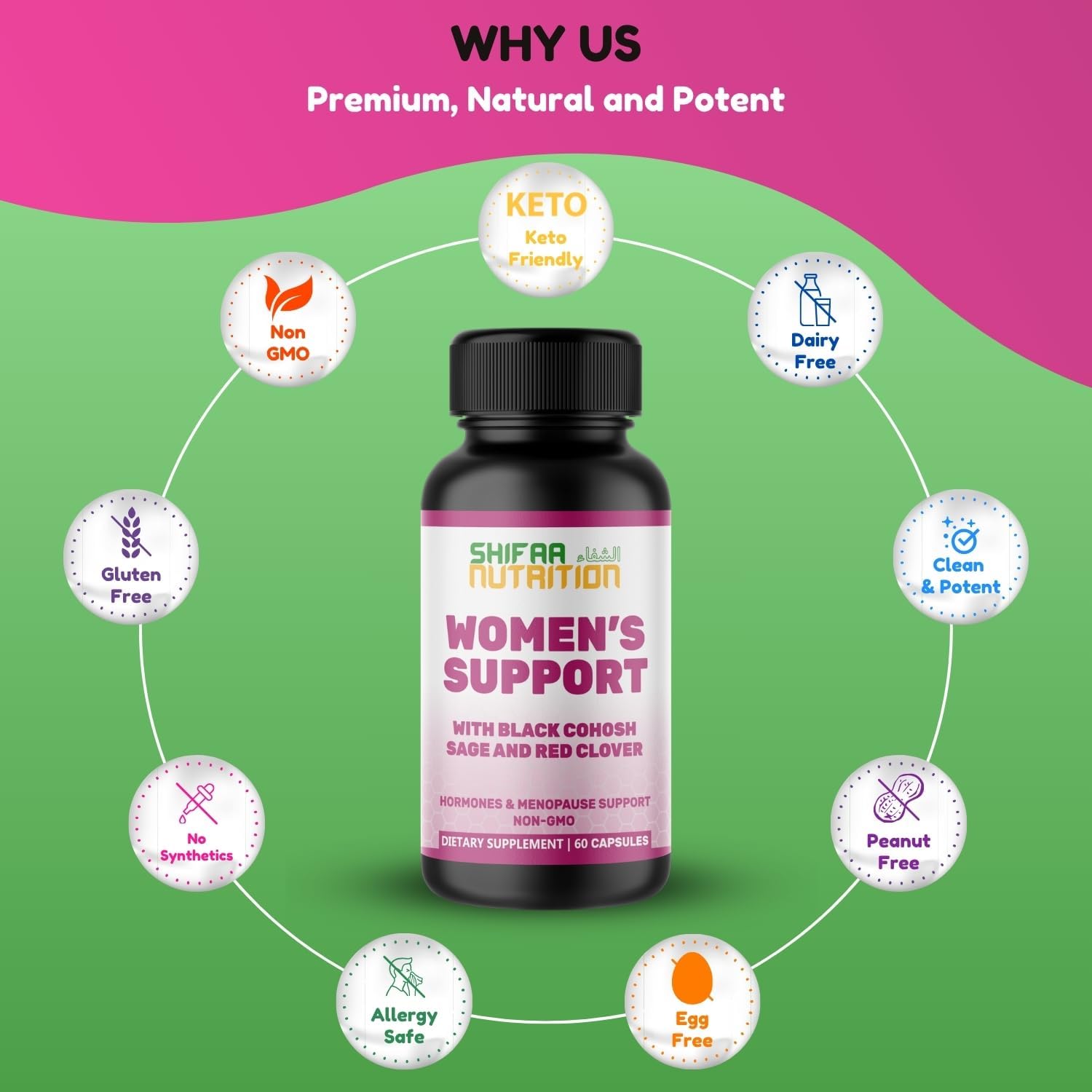SHIFAA NUTRITION Hormones Balance & Menopause Supplements for Women, Menopause Relief - Support for Hot Flashes, Mood Swings w/Black Cohosh & Red Clover Halal Vitamins, 30 Servings - Image 4