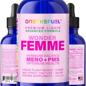 Wonder Femme Plant-Based Hormone Balance Menopause Hot Flashes Relief Support 100% Natural 17 Herbal Women Estrogen Health Supplement Dong Quai Vitex + Fast Absorb Tincture 2 oz. Liquid