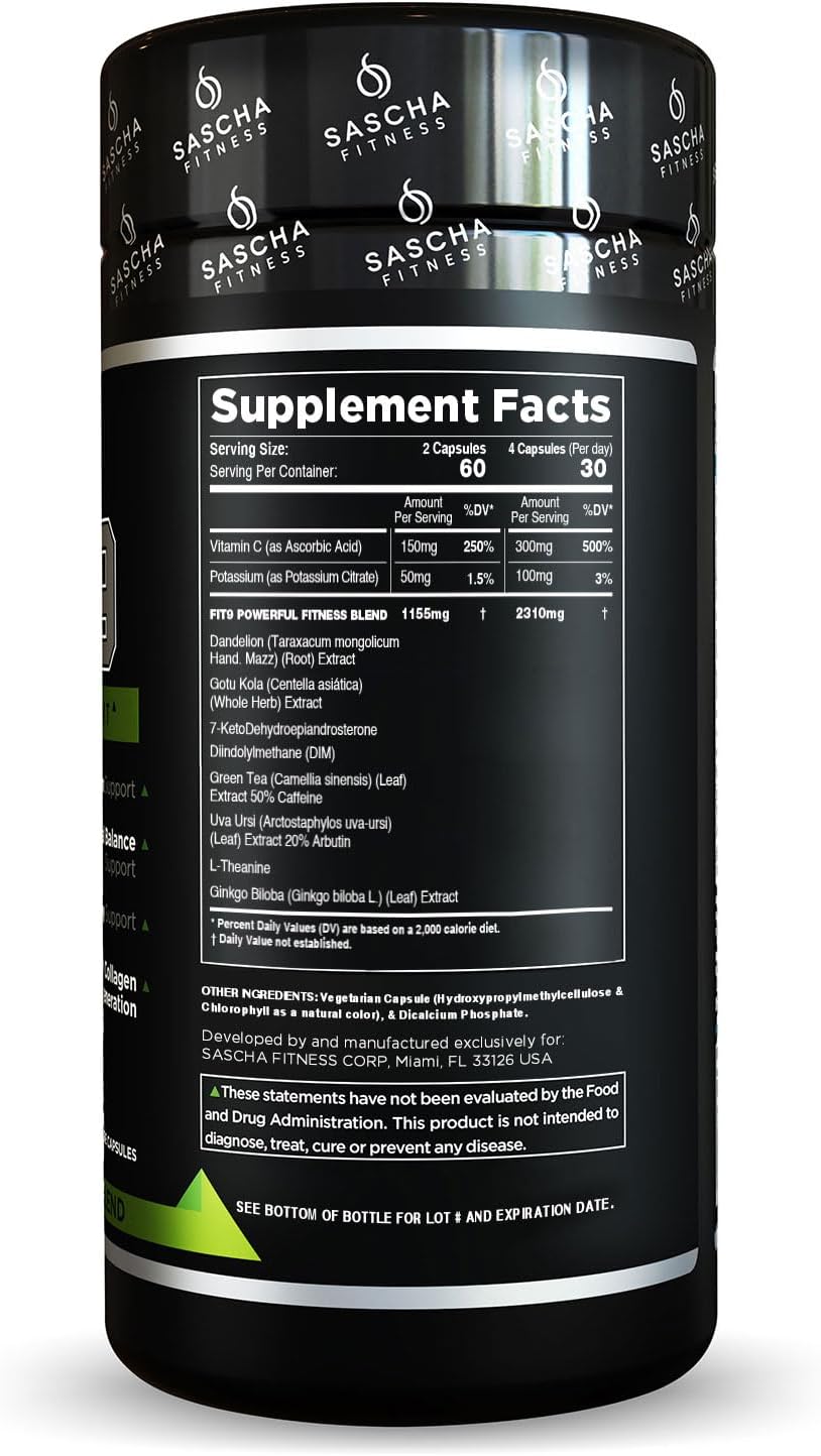 Sascha Fitness Fat Loss pills | Collagen support | Fluid Balance | FIT9 Ingredients: 7Keto + Uva Ursi, Gotu Kola, L-Theanine,Gingko Biloba,DIM,Green Tea | Weight Loss Supplements-Vegan-120 Natural Cap - Image 2