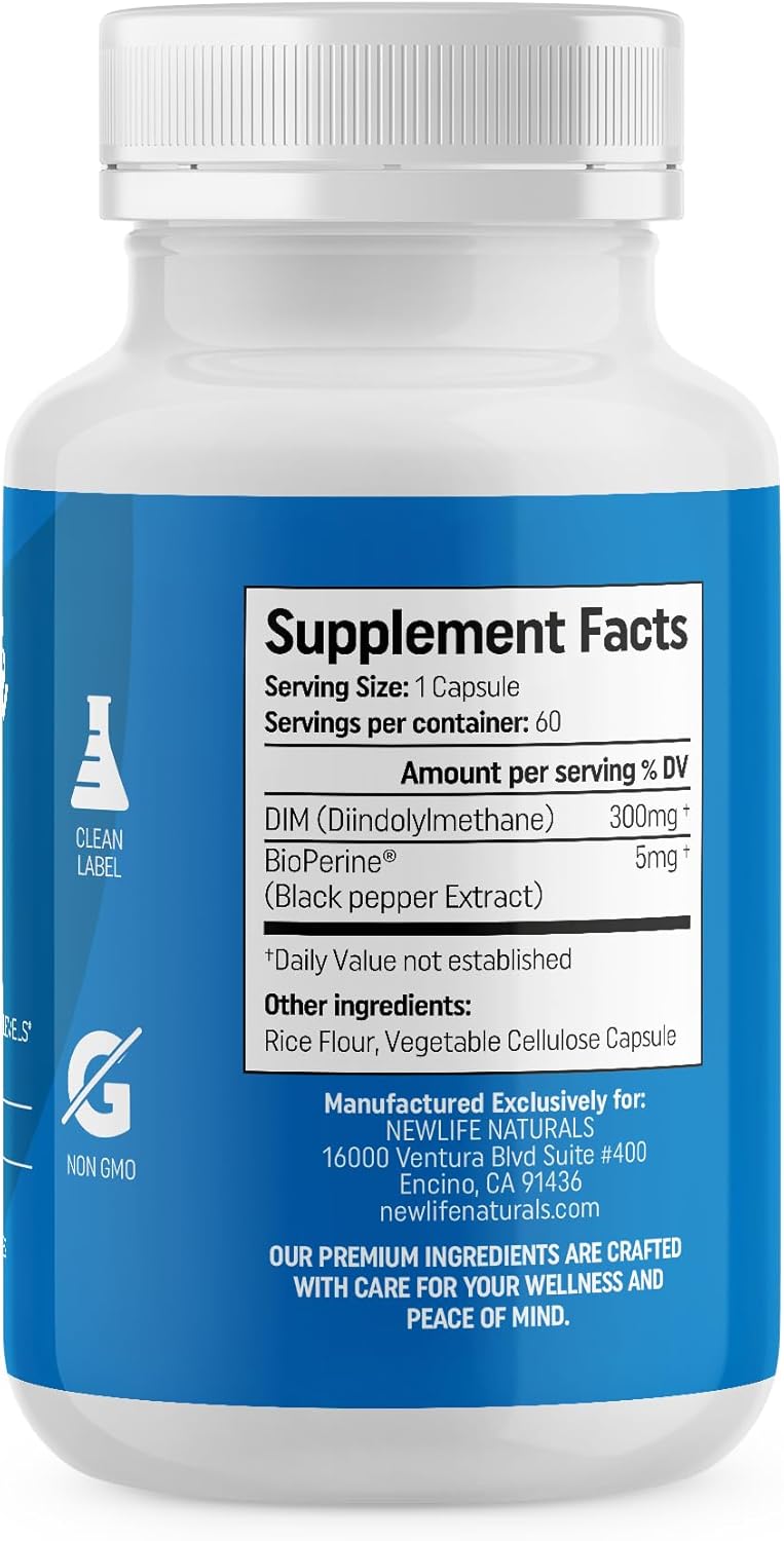 NewLife Naturals DIM Supplement 300mg for Women & Men - Hormonal Acne, Estrogen Balance Pills, Post Menopause Relief | Healthy Estrogen Level | Hormonal Balance - Bioperine | PCOS - 60 Day Supply - Image 2