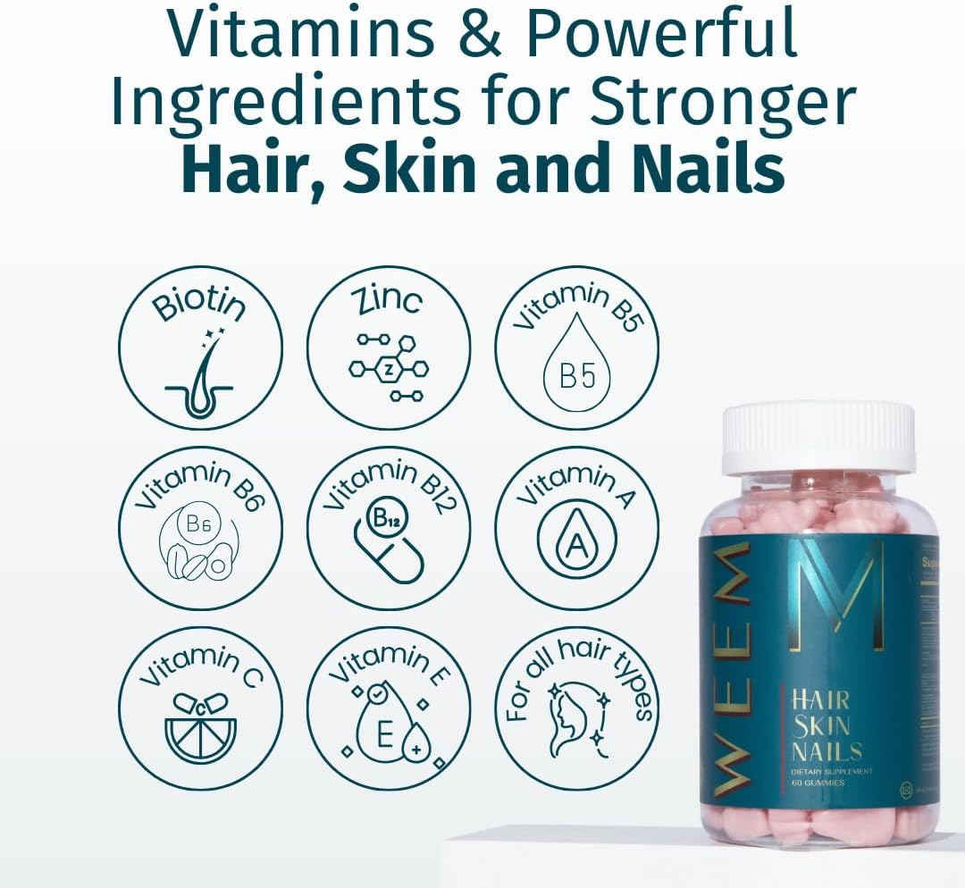 WEEM Hair Skin and Nails Gummies - Supports Healthy Hair - Vegan biotin Vitamins for Women & Men Supports Faster Hair Growth, Stronger Nails, Healthy Skin, Extra Strength (3) - Image 3