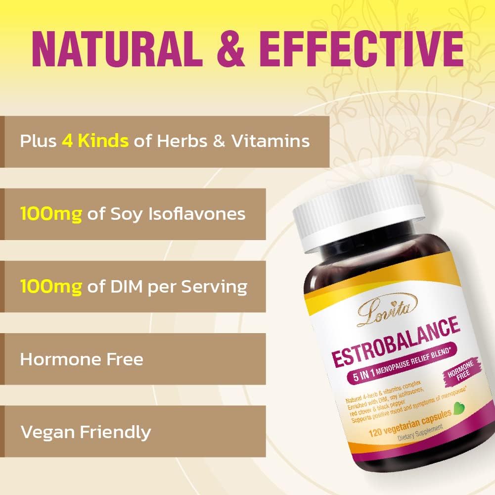 LOVITA Menopause Supplements for Women, DIM Complex with Soy Isoflavones, Red Clover, Vitamin D3 & Black Pepper for Menopause & Hormone Balance Support, 120 Vegetarian Capsules - Image 3