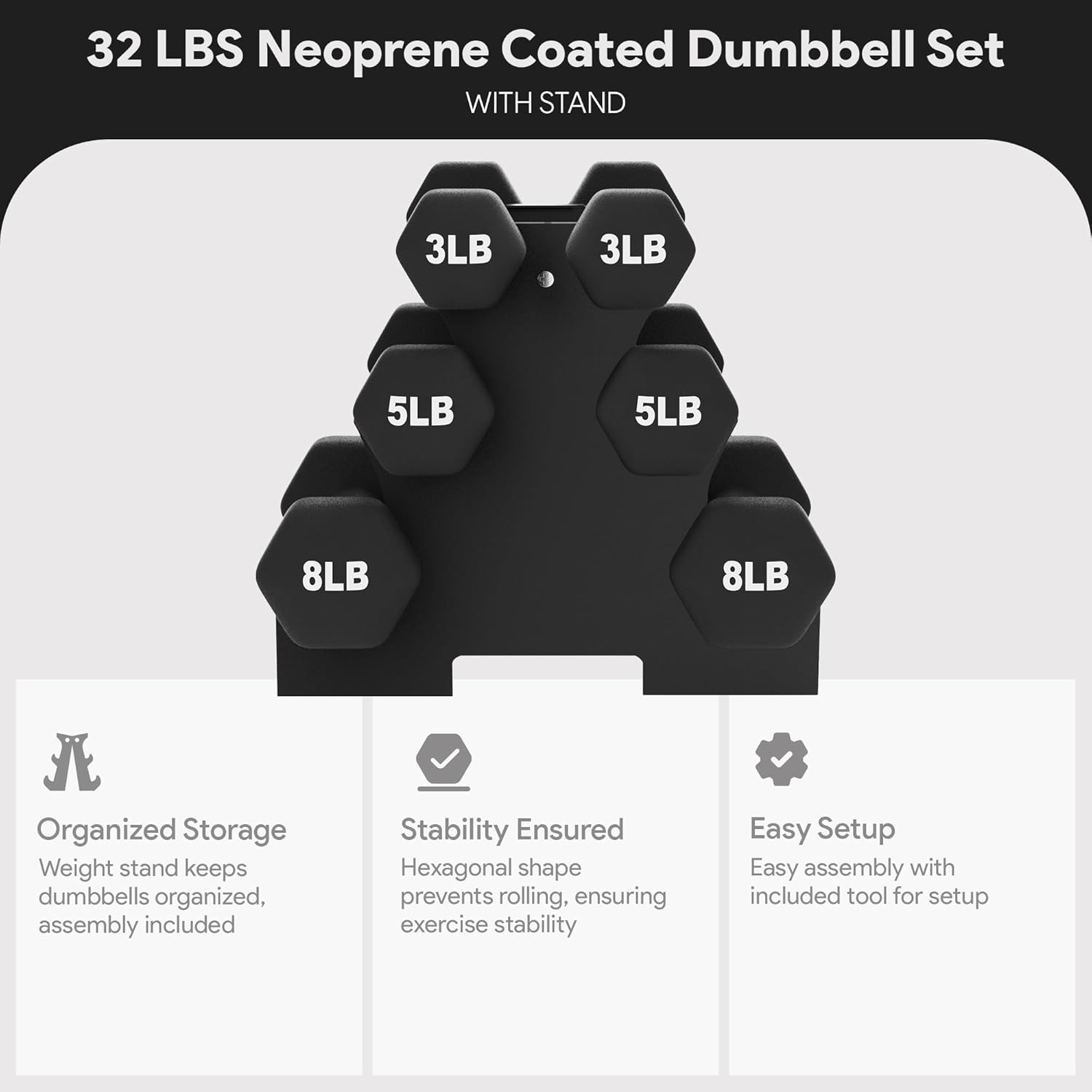 BalanceFrom Neoprene Coated Iron Dumbbell Hex Weights Set with Stand – Color-Coded or Black Options with Non-Slip Grip for Strength Training, Resistance Workouts, and Home Gym Fitness - Image 4