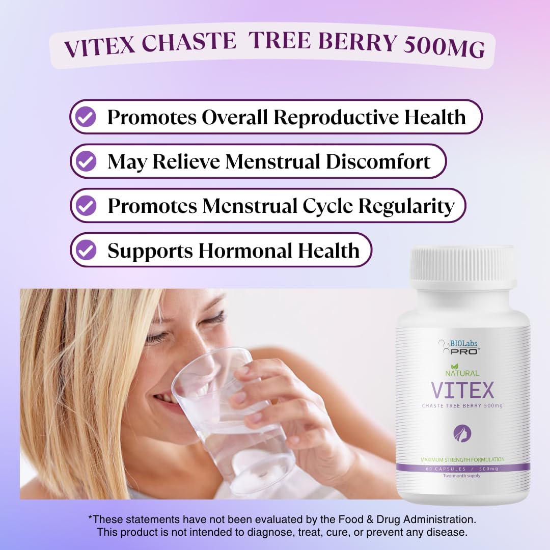 BIOLABS PRO Natural Vitex Chasteberry Supplement for Women - Pure Chaste Tree Berry Extract 500mg, Maximum Strength Formulation, Vegan Capsules, Supports Hormonal Balance - (60 Caps - 2-Month Supply) - Image 4
